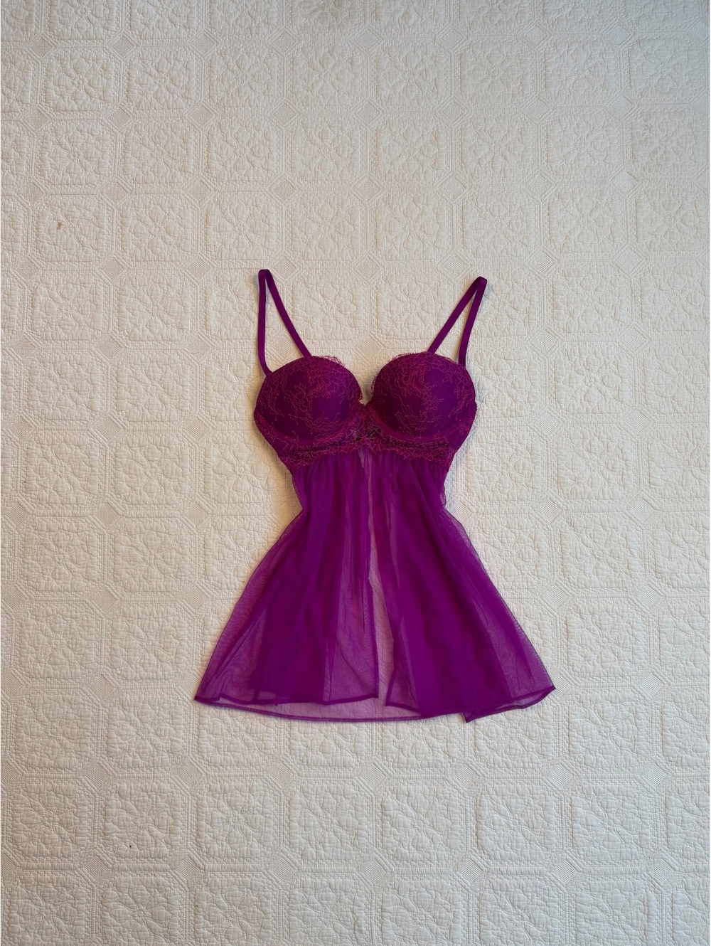 Vintage Victoria's Secret Purple Lace and Mesh Babydoll Lingerie Size 34C